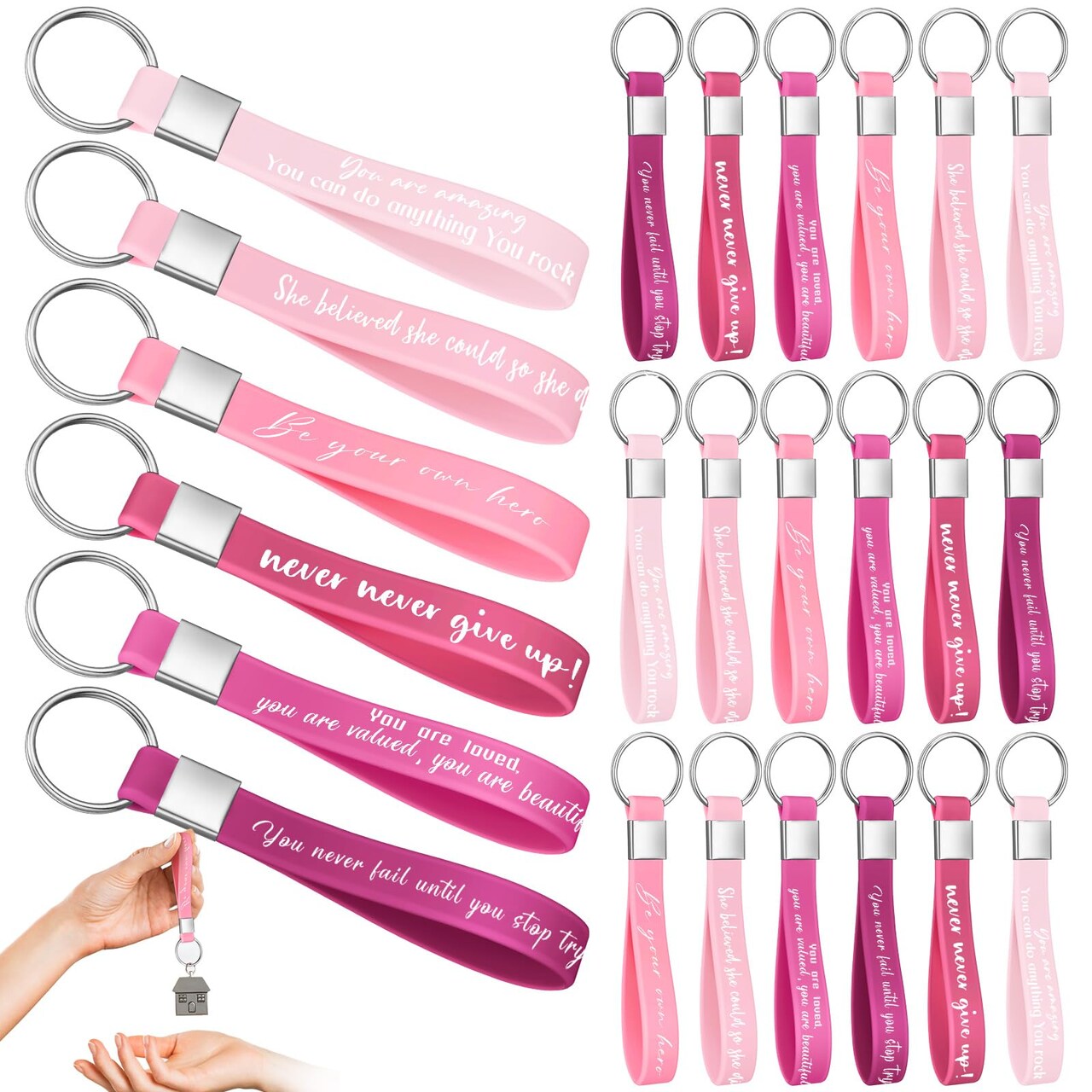 24 Pcs Galentines Party Favors Inspirational Quote Keychains Bulk for Women Men Gifts Motivational Keychain Ring(Pink)